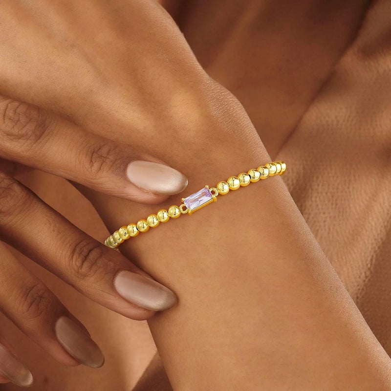 Yoosteel Dainty Birthstone Bracelet for Women - Valentines Day Gifts Elastic 14K-Gold-Plated Bead Bracelets Trendy Friendship Birthday Jewelry Gift for Women - Image 2